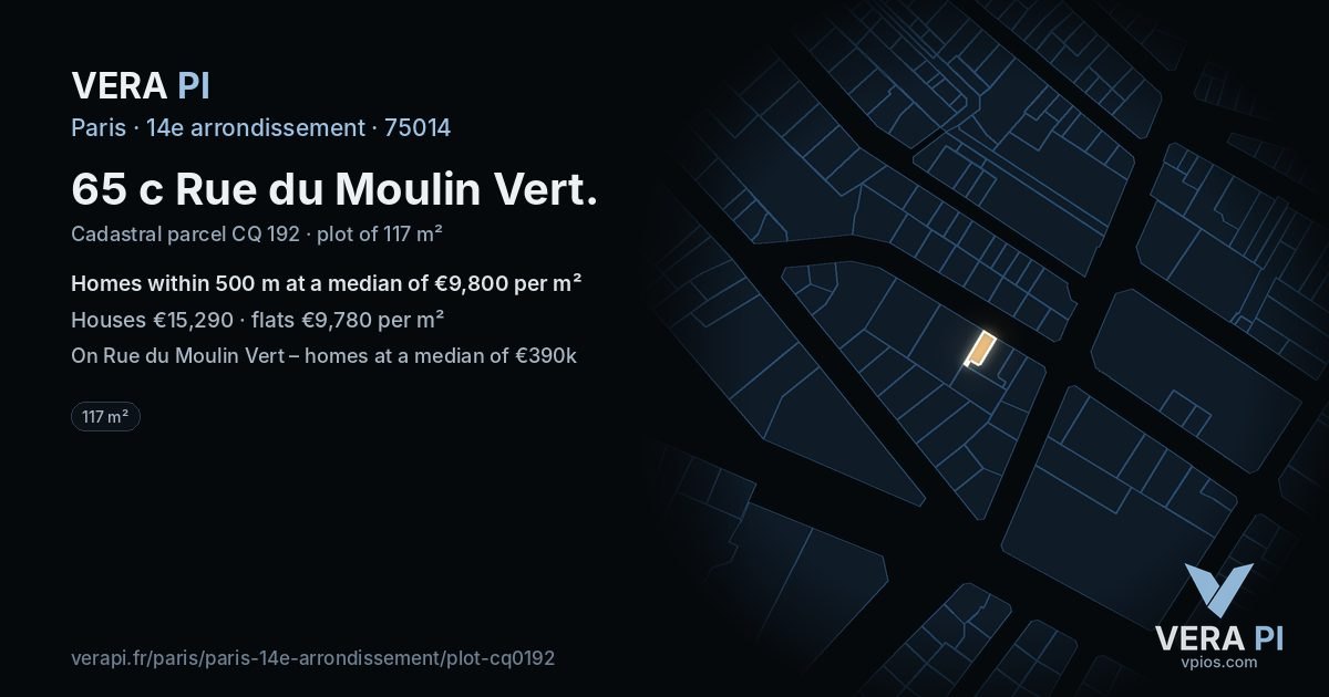 65 c Rue du Moulin Vert, 14e arrondissement at night – the plot lit, the parcels around coloured by the prices near them