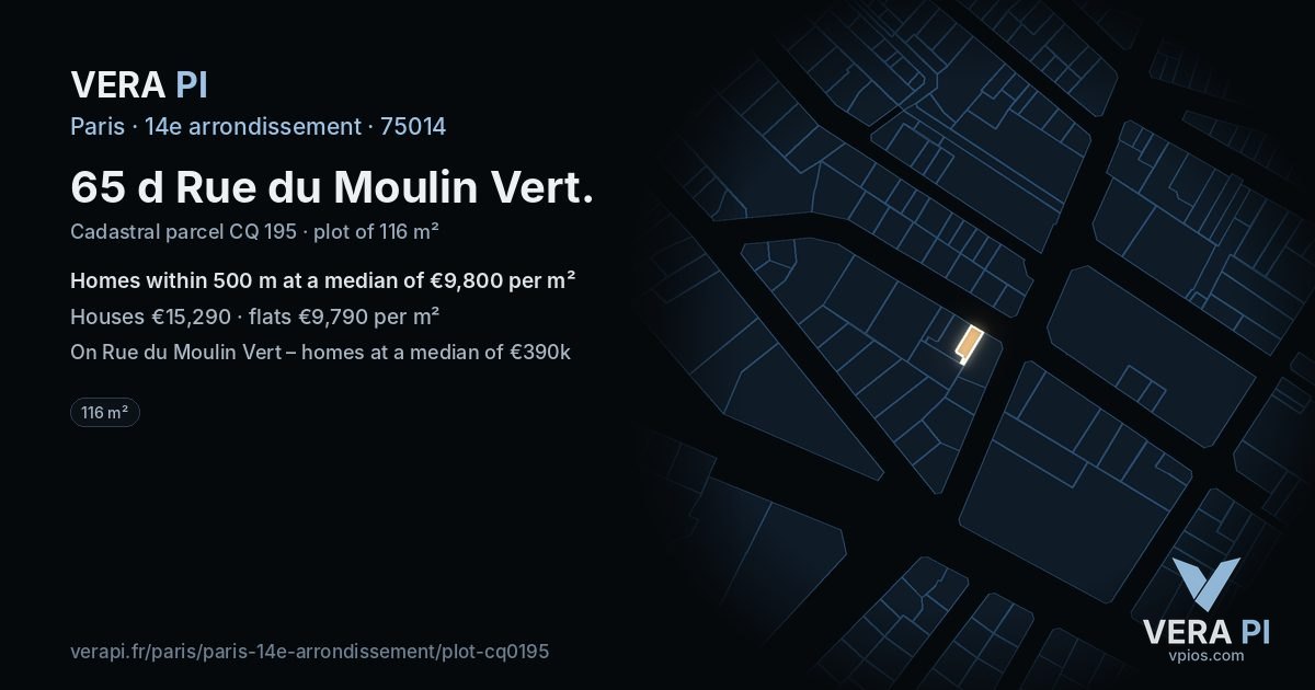 65 d Rue du Moulin Vert, 14e arrondissement at night – the plot lit, the parcels around coloured by the prices near them