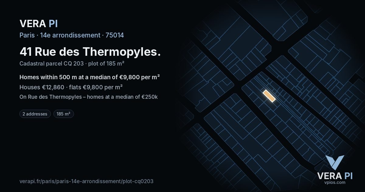 41 Rue des Thermopyles, 14e arrondissement at night – the plot lit, the parcels around coloured by the prices near them