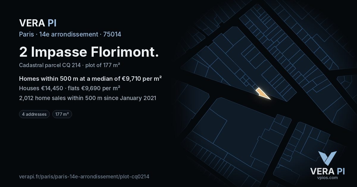 2 Impasse Florimont, 14e arrondissement at night – the plot lit, the parcels around coloured by the prices near them