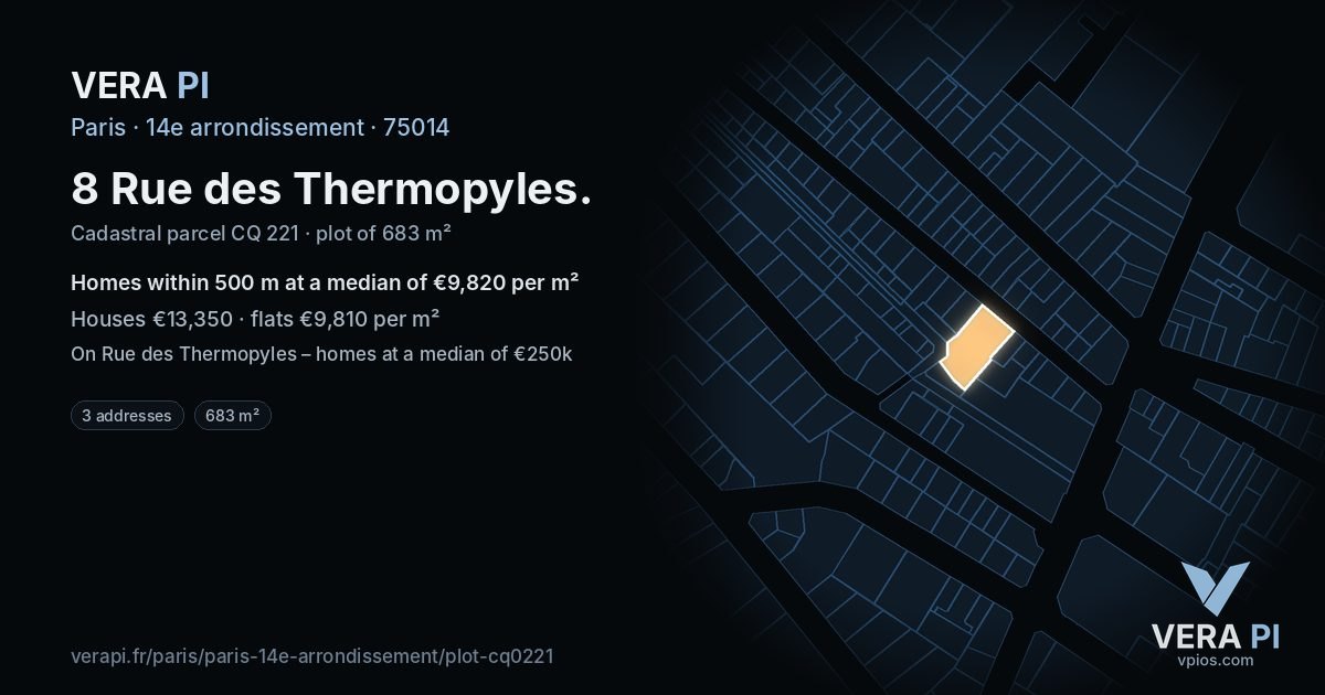 8 Rue des Thermopyles, 14e arrondissement at night – the plot lit, the parcels around coloured by the prices near them