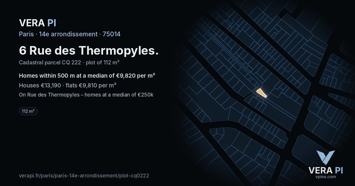 6 Rue des Thermopyles, 14e arrondissement at night – the plot lit, the parcels around coloured by the prices near them