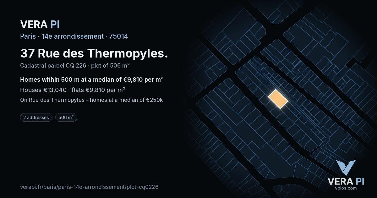 37 Rue des Thermopyles, 14e arrondissement at night – the plot lit, the parcels around coloured by the prices near them