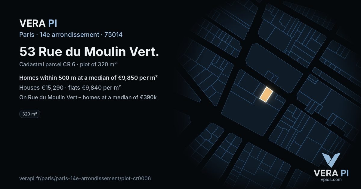 53 Rue du Moulin Vert, 14e arrondissement at night – the plot lit, the parcels around coloured by the prices near them