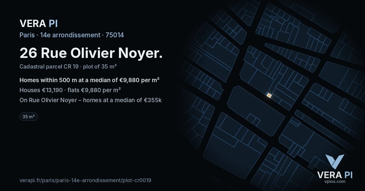 26 Rue Olivier Noyer, 14e arrondissement at night – the plot lit, the parcels around coloured by the prices near them