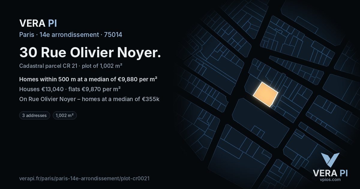 30 Rue Olivier Noyer, 14e arrondissement at night – the plot lit, the parcels around coloured by the prices near them