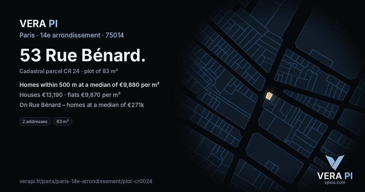 53 Rue Bénard, 14e arrondissement at night – the plot lit, the parcels around coloured by the prices near them