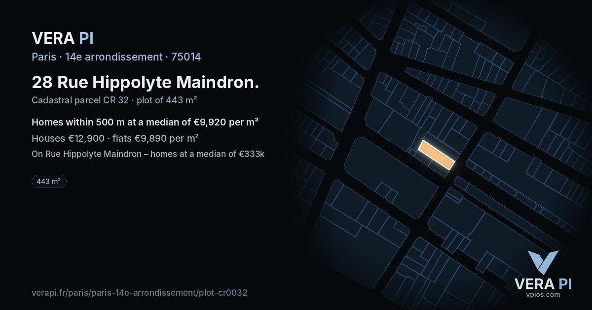 28 Rue Hippolyte Maindron, 14e arrondissement at night – the plot lit, the parcels around coloured by the prices near them