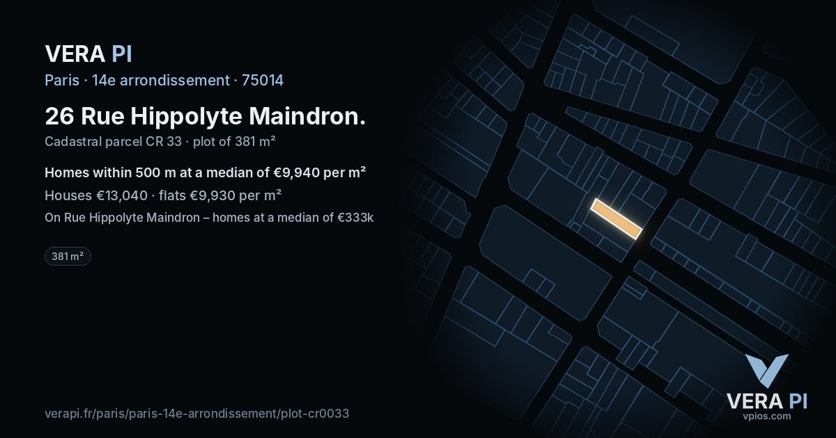 26 Rue Hippolyte Maindron, 14e arrondissement at night – the plot lit, the parcels around coloured by the prices near them
