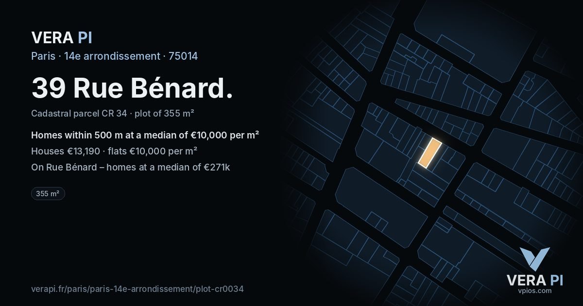 39 Rue Bénard, 14e arrondissement at night – the plot lit, the parcels around coloured by the prices near them