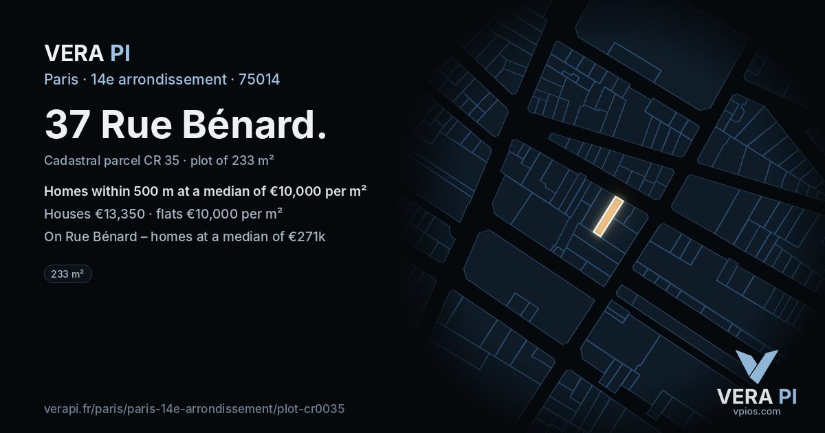 37 Rue Bénard, 14e arrondissement at night – the plot lit, the parcels around coloured by the prices near them