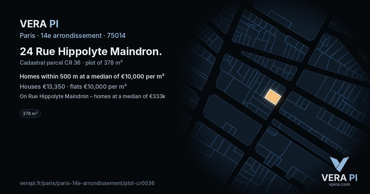 24 Rue Hippolyte Maindron, 14e arrondissement at night – the plot lit, the parcels around coloured by the prices near them
