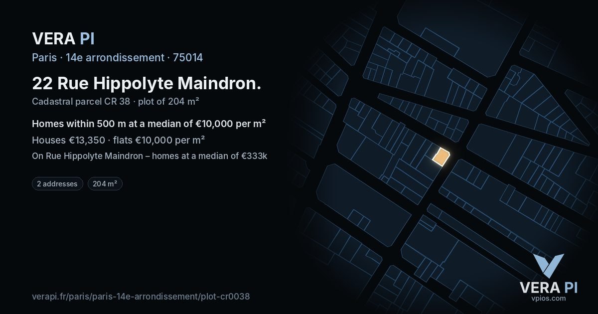 22 Rue Hippolyte Maindron, 14e arrondissement at night – the plot lit, the parcels around coloured by the prices near them