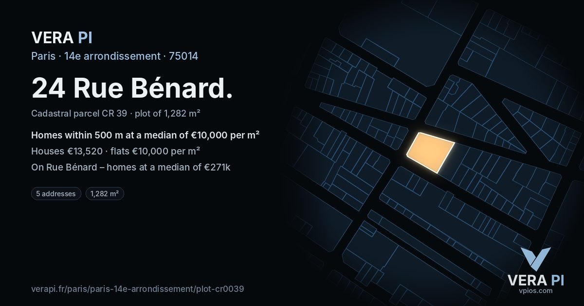 24 Rue Bénard, 14e arrondissement at night – the plot lit, the parcels around coloured by the prices near them