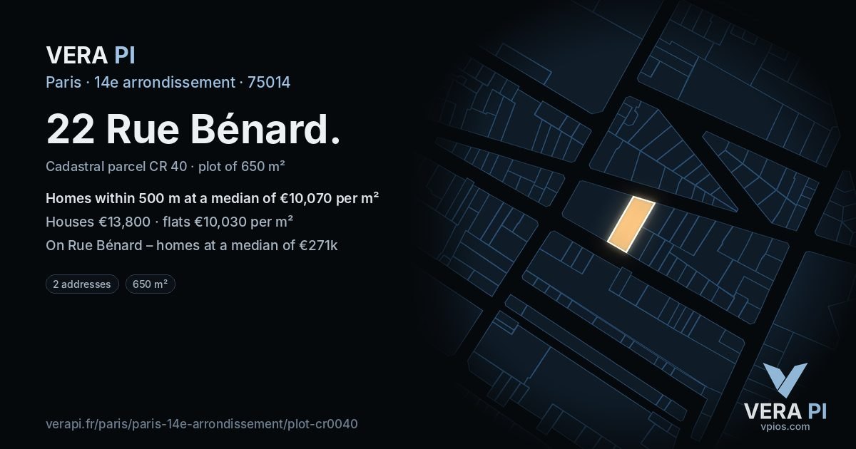 22 Rue Bénard, 14e arrondissement at night – the plot lit, the parcels around coloured by the prices near them