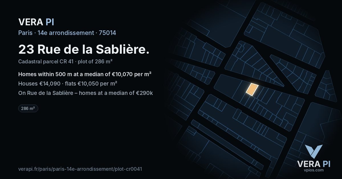 23 Rue de la Sablière, 14e arrondissement at night – the plot lit, the parcels around coloured by the prices near them