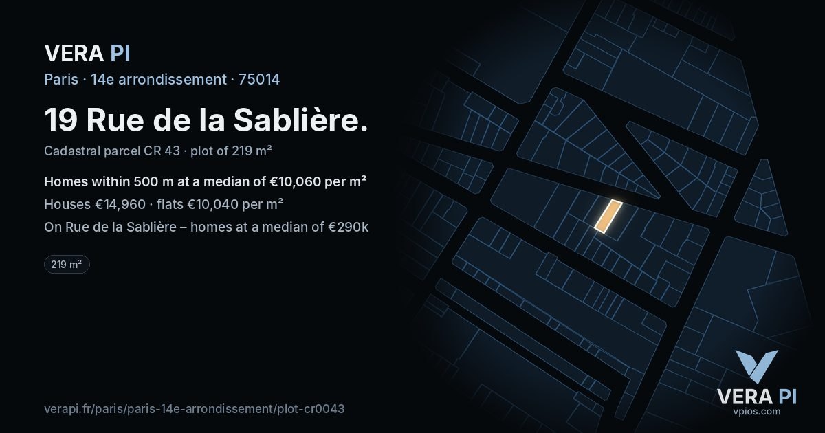 19 Rue de la Sablière, 14e arrondissement at night – the plot lit, the parcels around coloured by the prices near them