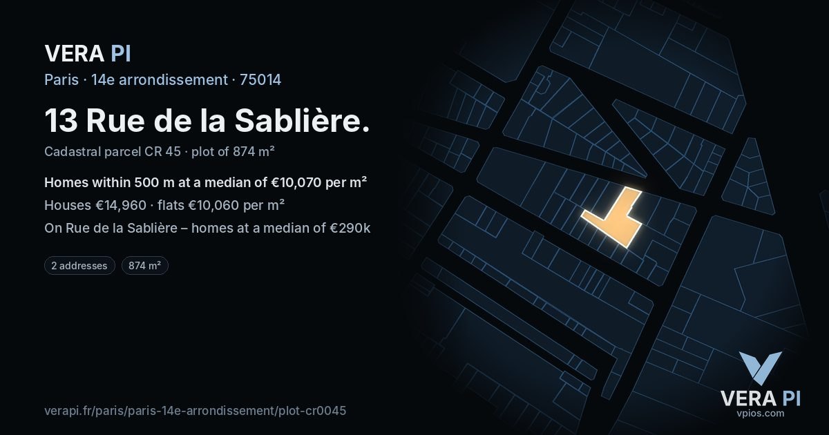13 Rue de la Sablière, 14e arrondissement at night – the plot lit, the parcels around coloured by the prices near them