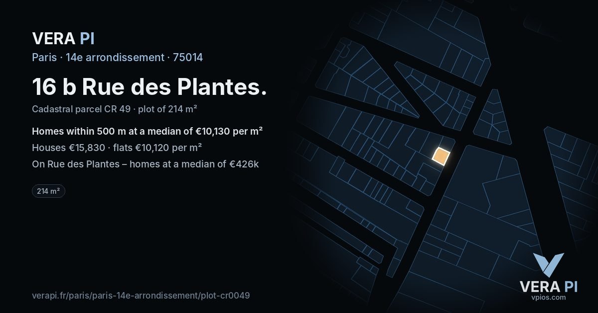 16 b Rue des Plantes, 14e arrondissement at night – the plot lit, the parcels around coloured by the prices near them