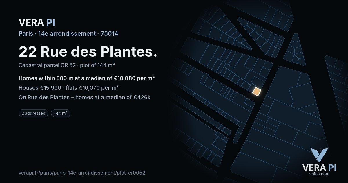 22 Rue des Plantes, 14e arrondissement at night – the plot lit, the parcels around coloured by the prices near them