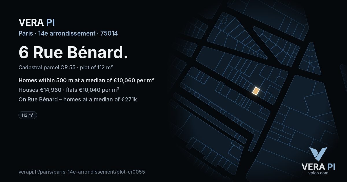 6 Rue Bénard, 14e arrondissement at night – the plot lit, the parcels around coloured by the prices near them