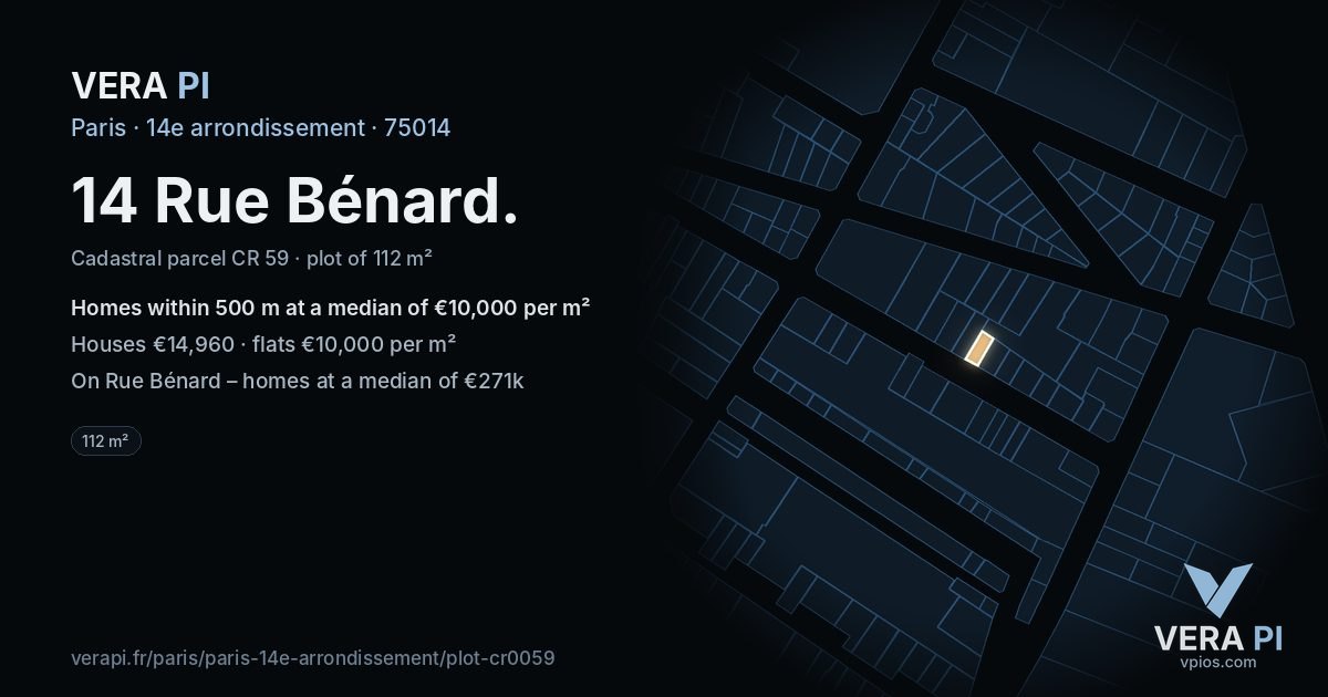 14 Rue Bénard, 14e arrondissement at night – the plot lit, the parcels around coloured by the prices near them
