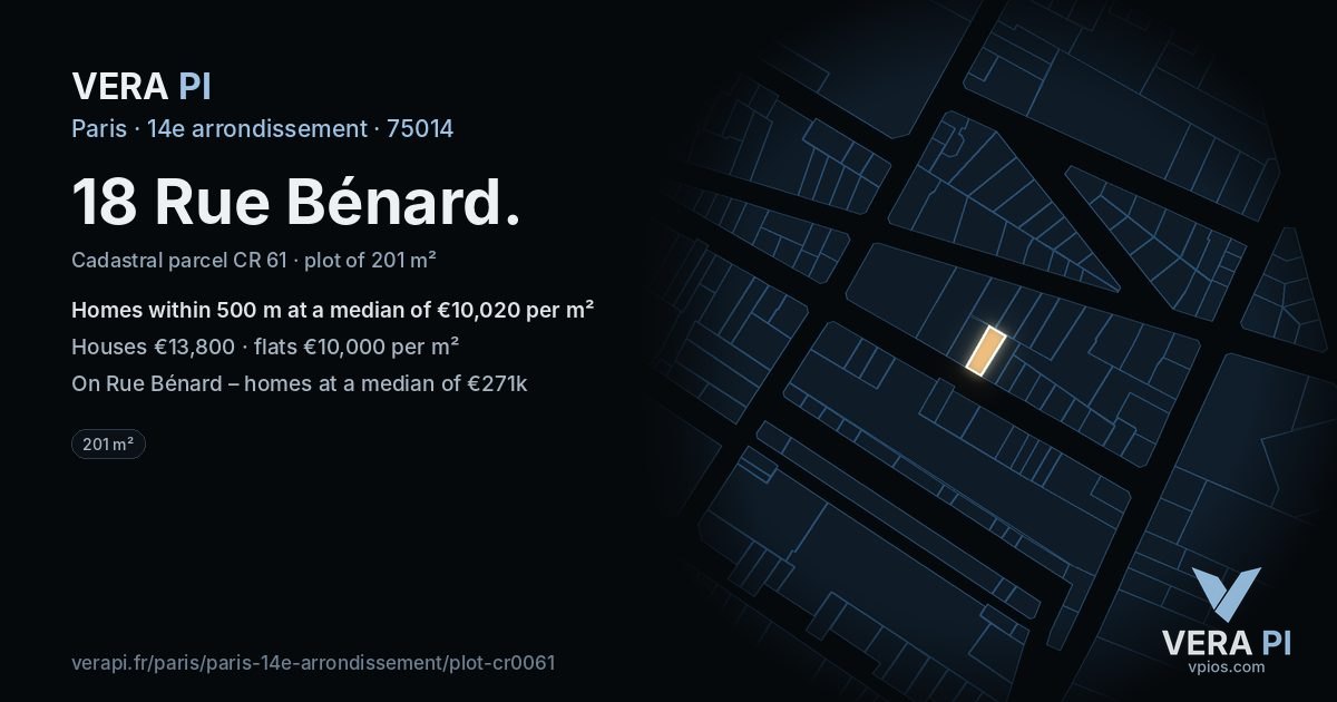 18 Rue Bénard, 14e arrondissement at night – the plot lit, the parcels around coloured by the prices near them