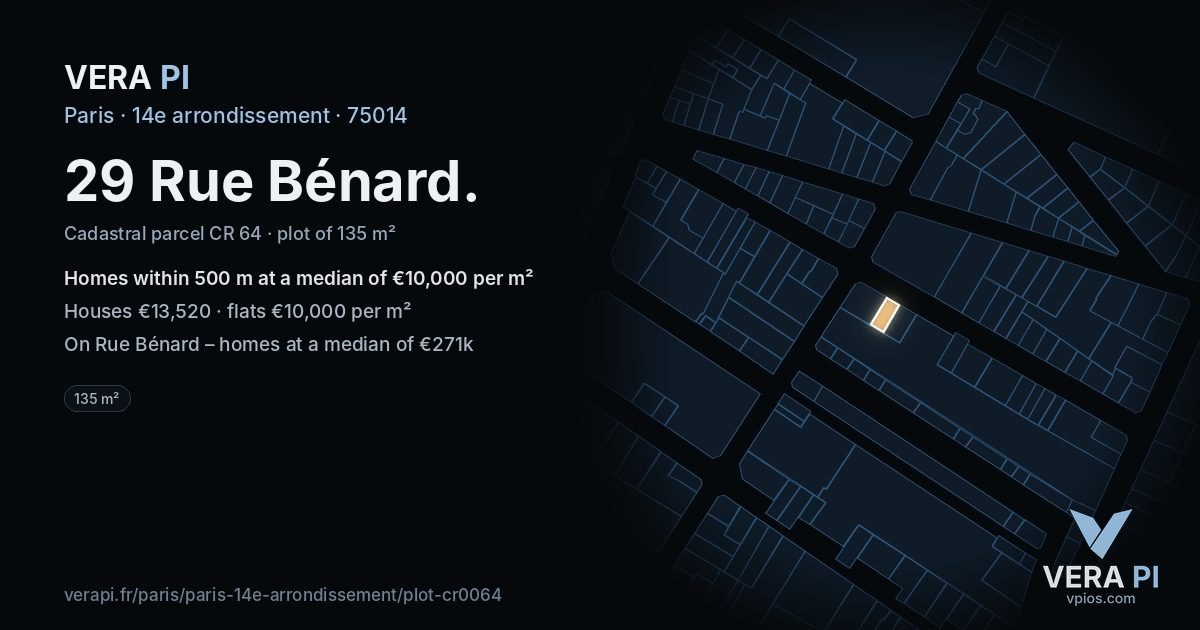 29 Rue Bénard, 14e arrondissement at night – the plot lit, the parcels around coloured by the prices near them