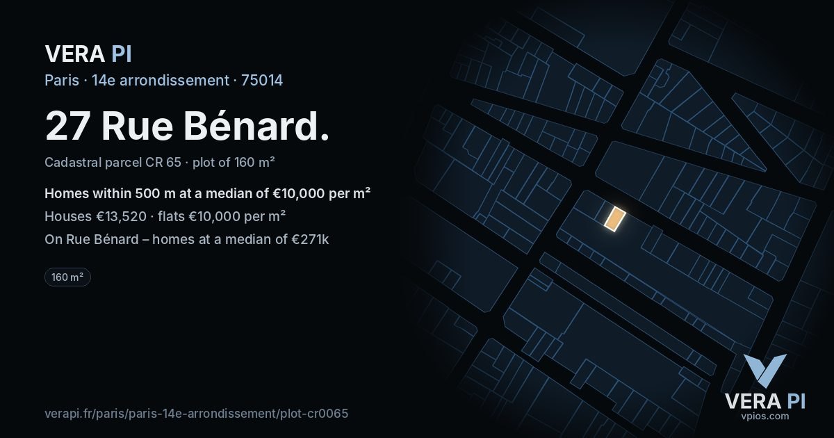 27 Rue Bénard, 14e arrondissement at night – the plot lit, the parcels around coloured by the prices near them