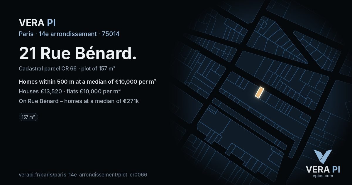 21 Rue Bénard, 14e arrondissement at night – the plot lit, the parcels around coloured by the prices near them