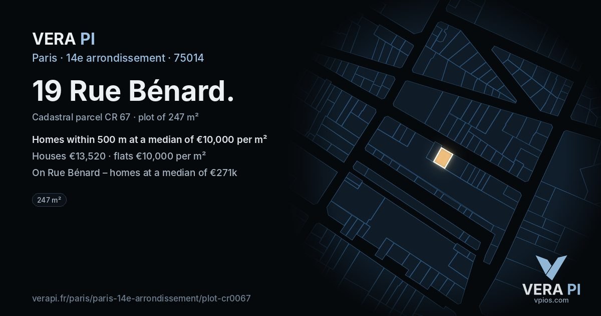 19 Rue Bénard, 14e arrondissement at night – the plot lit, the parcels around coloured by the prices near them