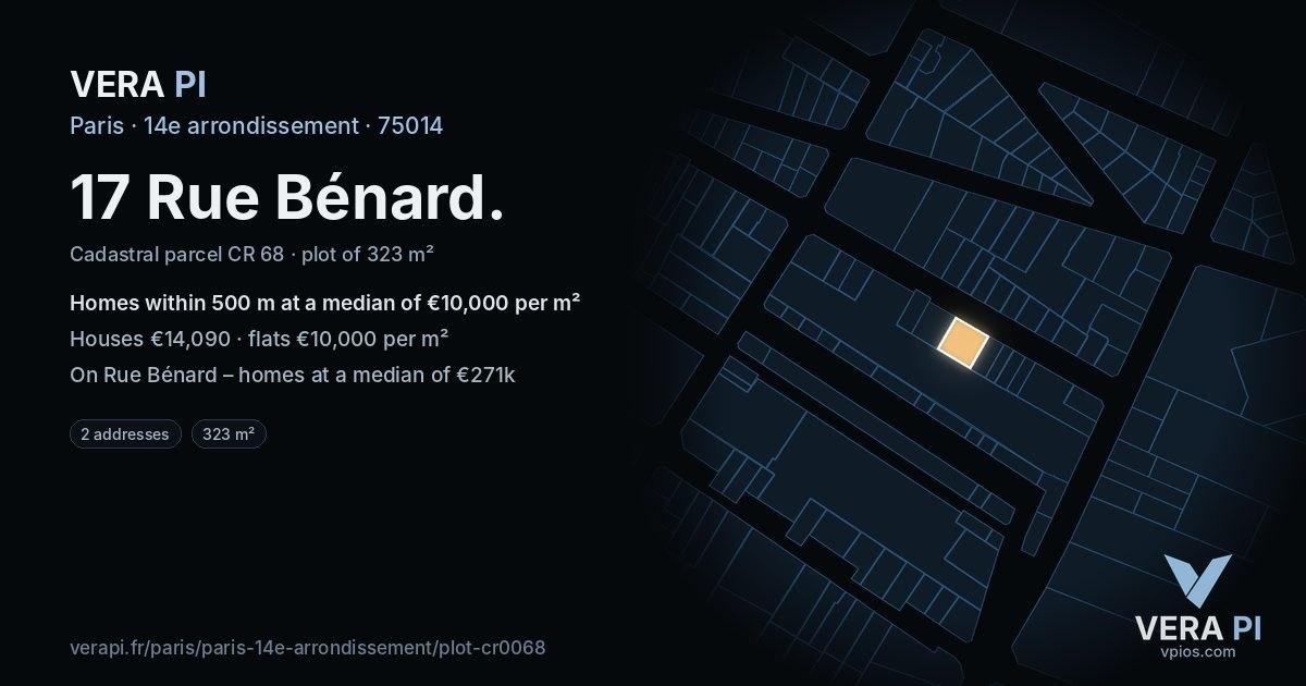 17 Rue Bénard, 14e arrondissement at night – the plot lit, the parcels around coloured by the prices near them