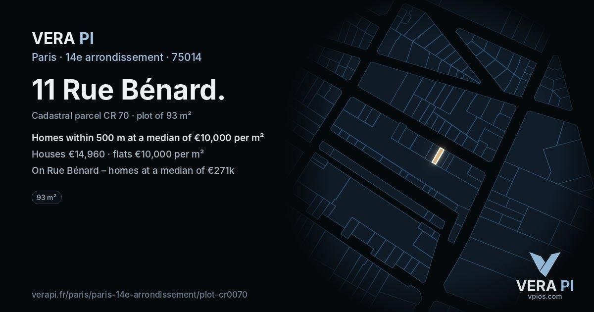 11 Rue Bénard, 14e arrondissement at night – the plot lit, the parcels around coloured by the prices near them
