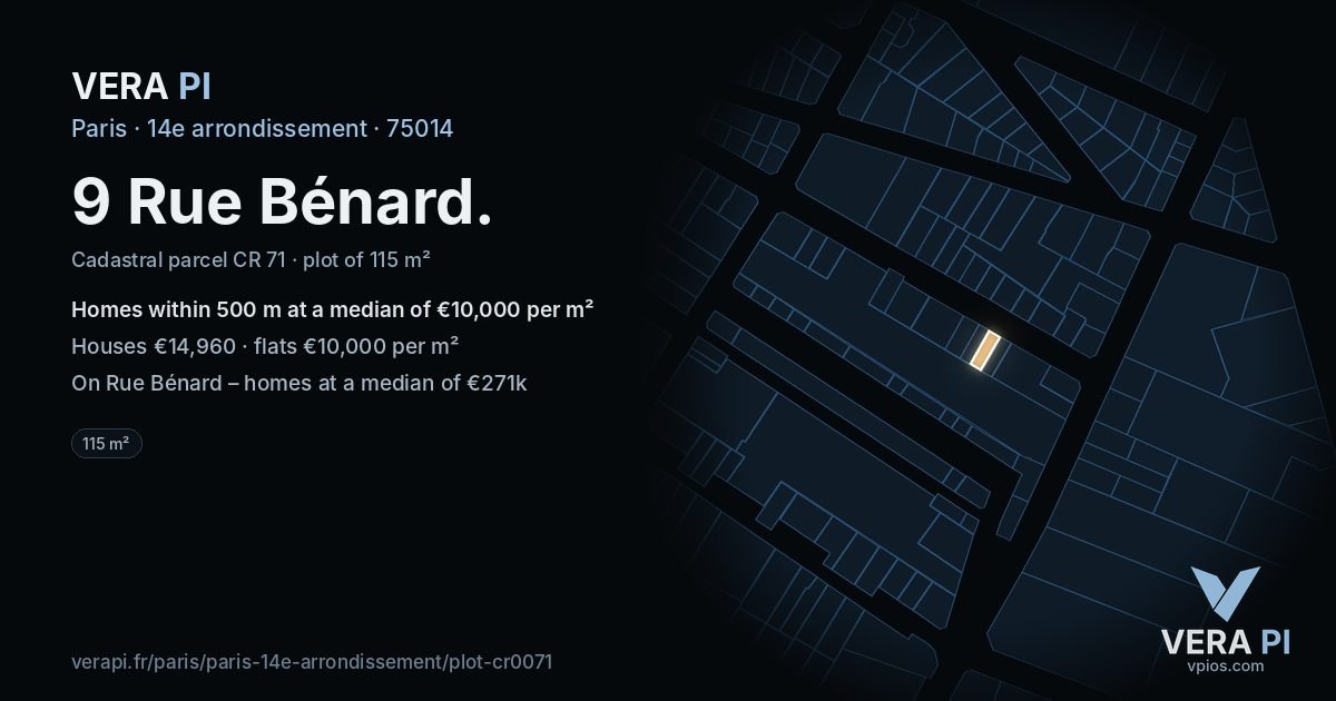 9 Rue Bénard, 14e arrondissement at night – the plot lit, the parcels around coloured by the prices near them