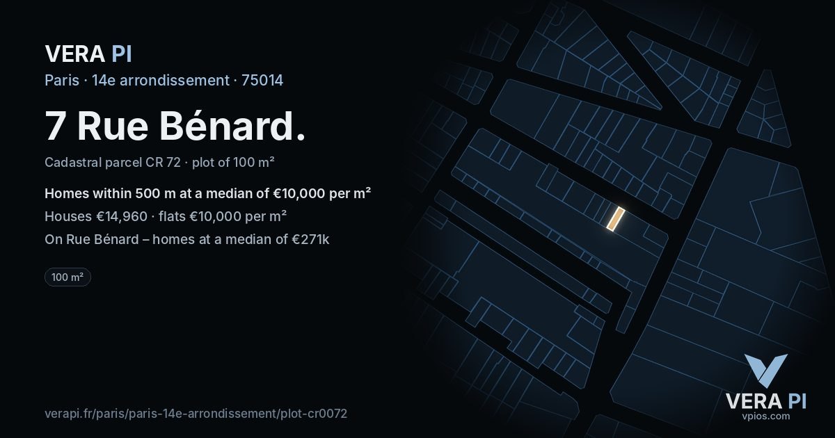 7 Rue Bénard, 14e arrondissement at night – the plot lit, the parcels around coloured by the prices near them