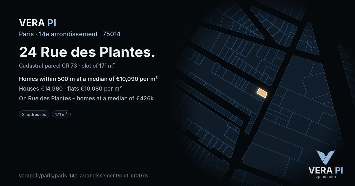 24 Rue des Plantes, 14e arrondissement at night – the plot lit, the parcels around coloured by the prices near them