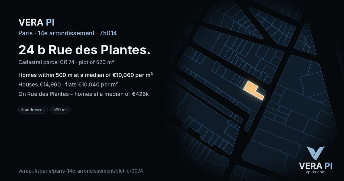 24 b Rue des Plantes, 14e arrondissement at night – the plot lit, the parcels around coloured by the prices near them