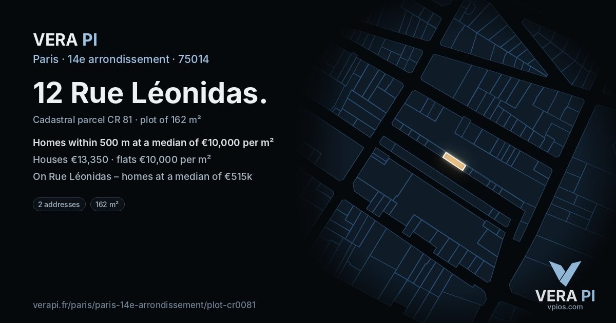 12 Rue Léonidas, 14e arrondissement at night – the plot lit, the parcels around coloured by the prices near them