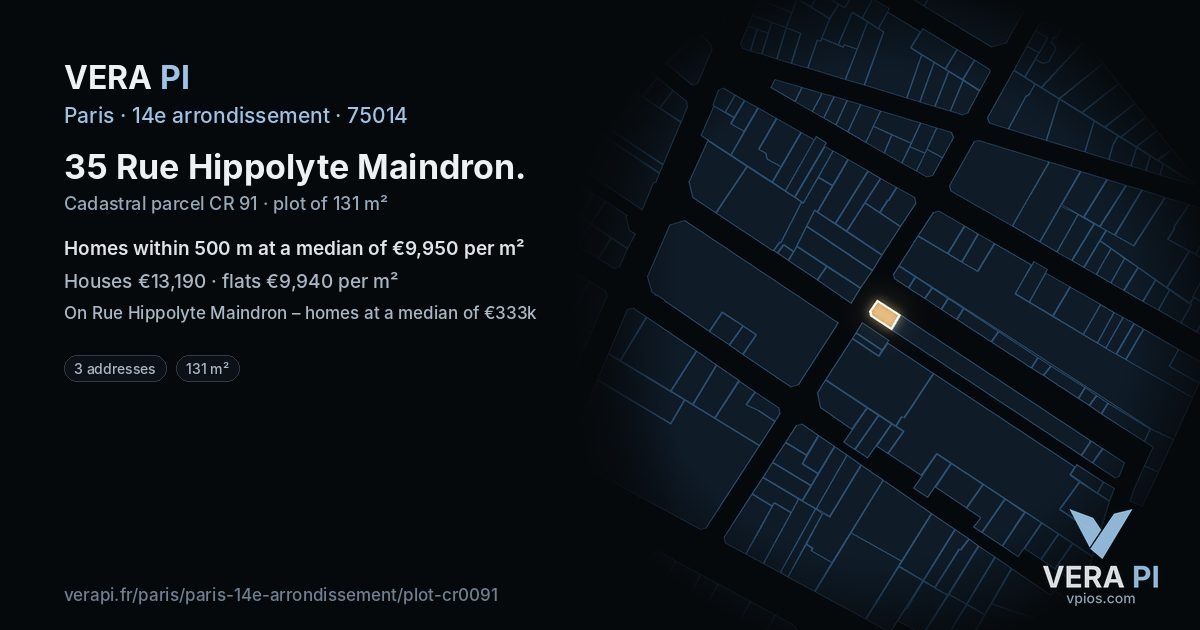 35 Rue Hippolyte Maindron, 14e arrondissement at night – the plot lit, the parcels around coloured by the prices near them