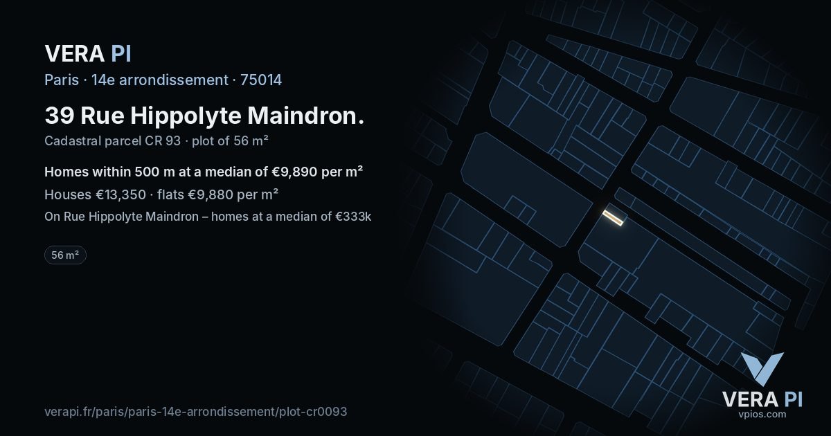 39 Rue Hippolyte Maindron, 14e arrondissement at night – the plot lit, the parcels around coloured by the prices near them