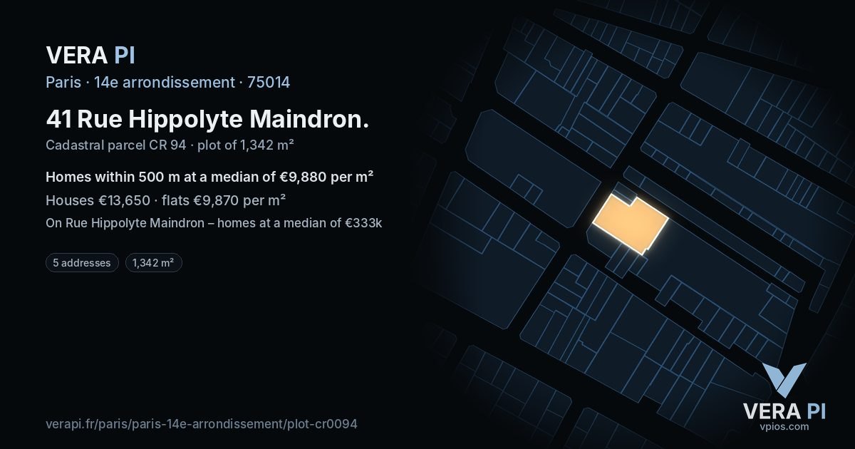 41 Rue Hippolyte Maindron, 14e arrondissement at night – the plot lit, the parcels around coloured by the prices near them
