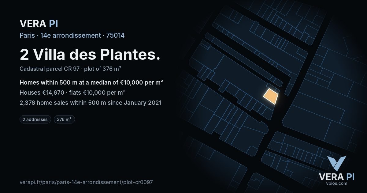 2 Villa des Plantes, 14e arrondissement at night – the plot lit, the parcels around coloured by the prices near them