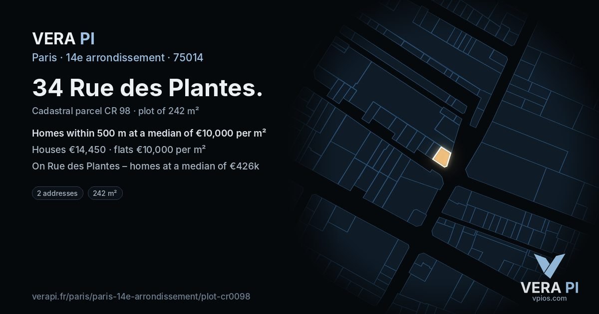 34 Rue des Plantes, 14e arrondissement at night – the plot lit, the parcels around coloured by the prices near them