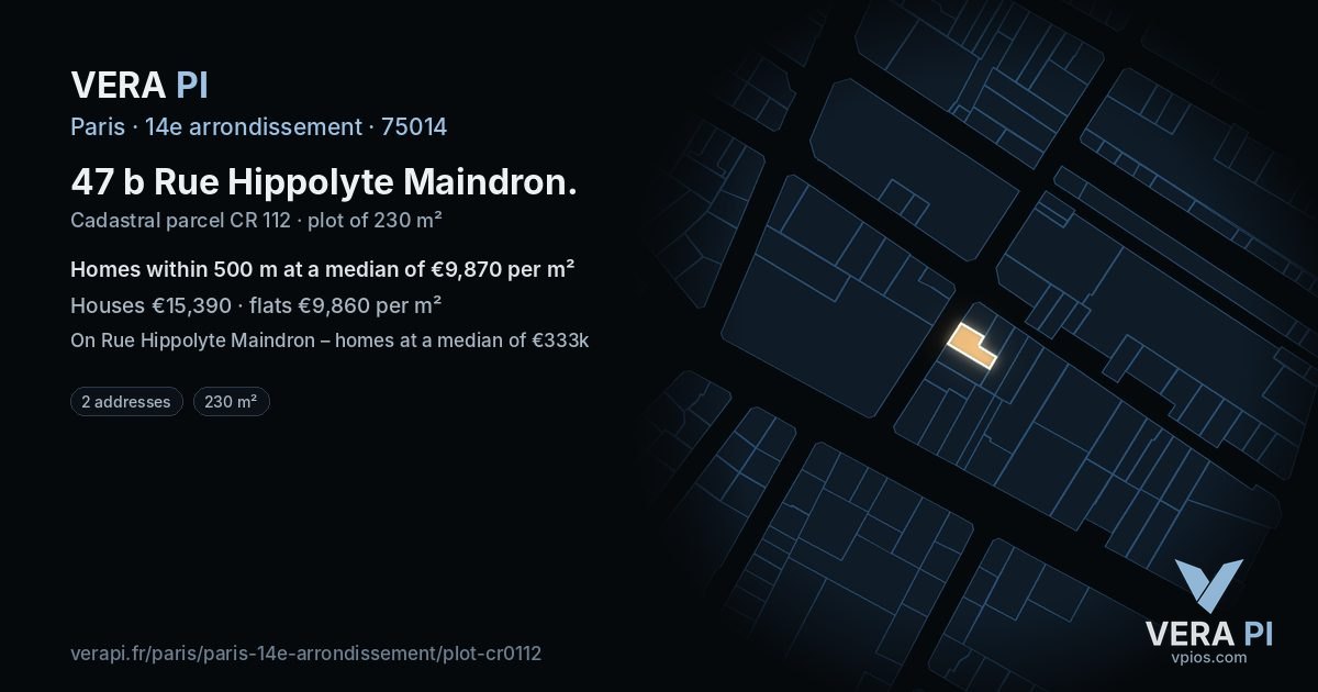 47 b Rue Hippolyte Maindron, 14e arrondissement at night – the plot lit, the parcels around coloured by the prices near them