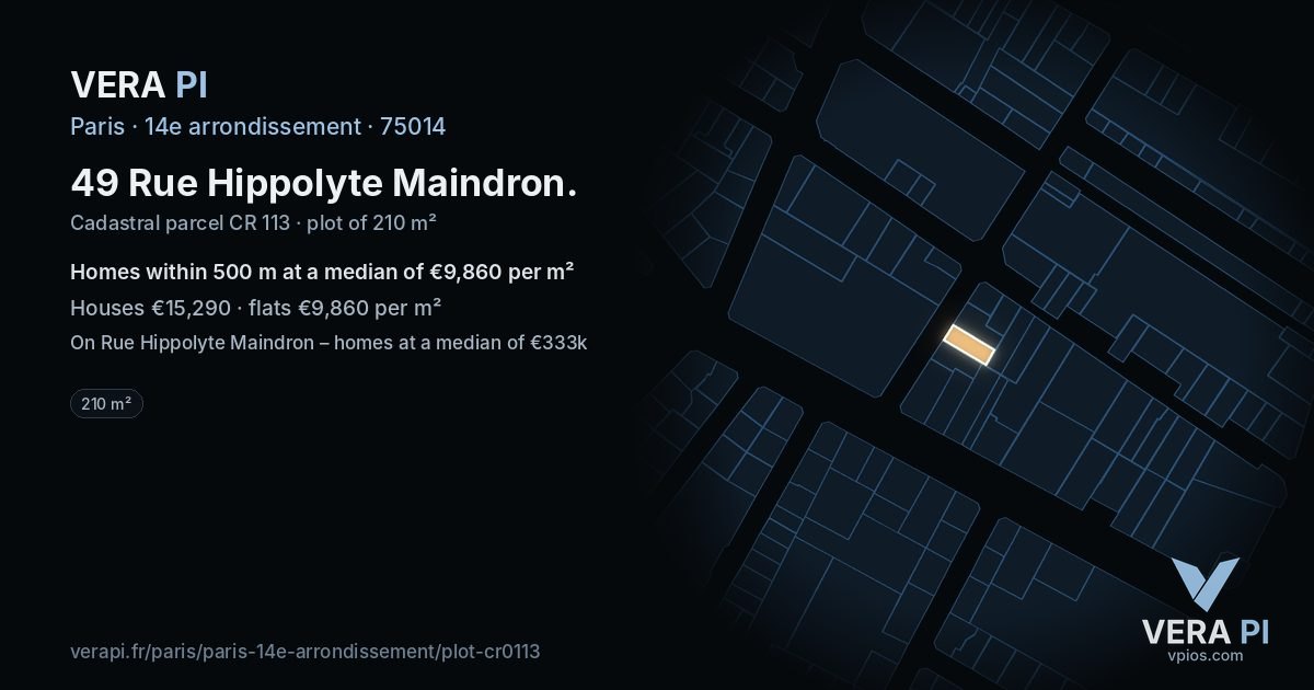 49 Rue Hippolyte Maindron, 14e arrondissement at night – the plot lit, the parcels around coloured by the prices near them