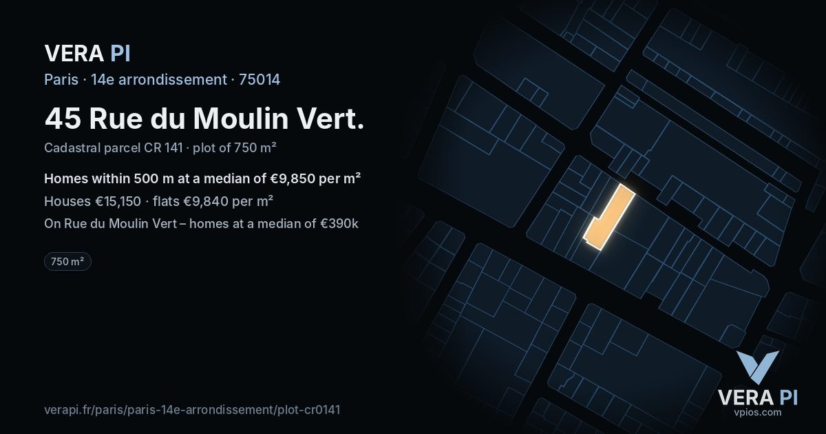 45 Rue du Moulin Vert, 14e arrondissement at night – the plot lit, the parcels around coloured by the prices near them
