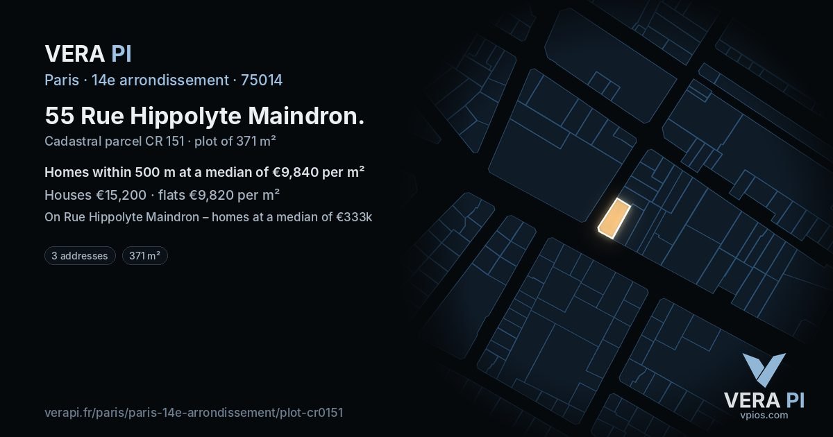 55 Rue Hippolyte Maindron, 14e arrondissement at night – the plot lit, the parcels around coloured by the prices near them