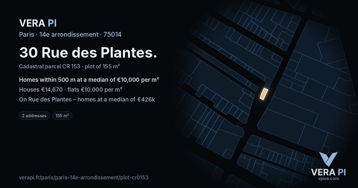 30 Rue des Plantes, 14e arrondissement at night – the plot lit, the parcels around coloured by the prices near them