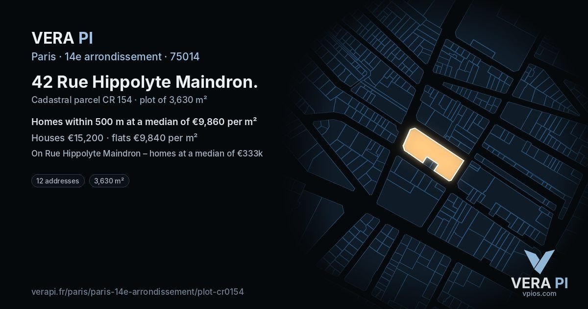 42 Rue Hippolyte Maindron, 14e arrondissement at night – the plot lit, the parcels around coloured by the prices near them