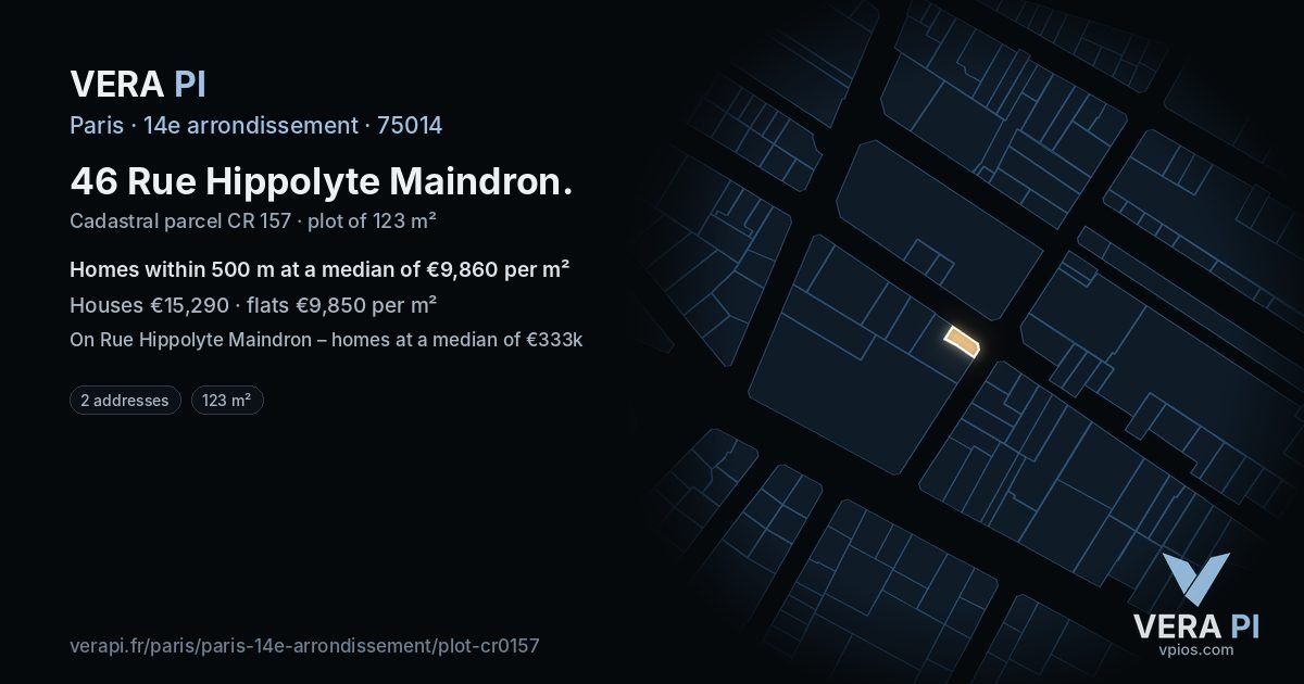 46 Rue Hippolyte Maindron, 14e arrondissement at night – the plot lit, the parcels around coloured by the prices near them